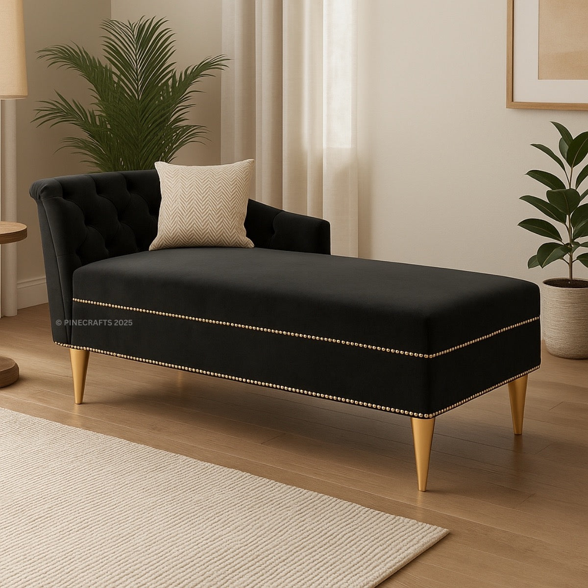 Black tufted bench with gold accents in a room with plants and curtains
